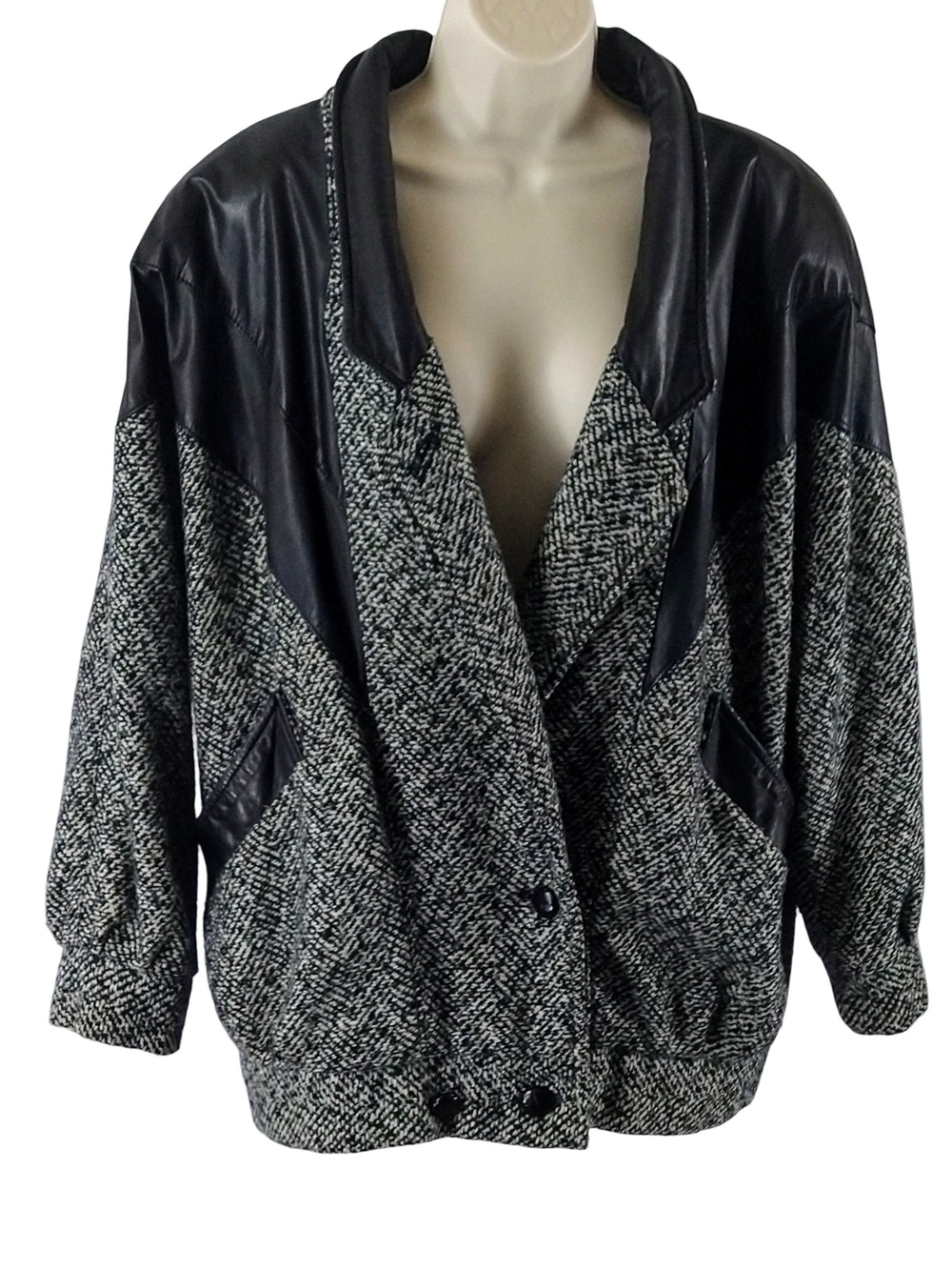 Vintage Tarazzia Black & Gray Mixed Tweed Bomber Jacket with  Leather Trim
